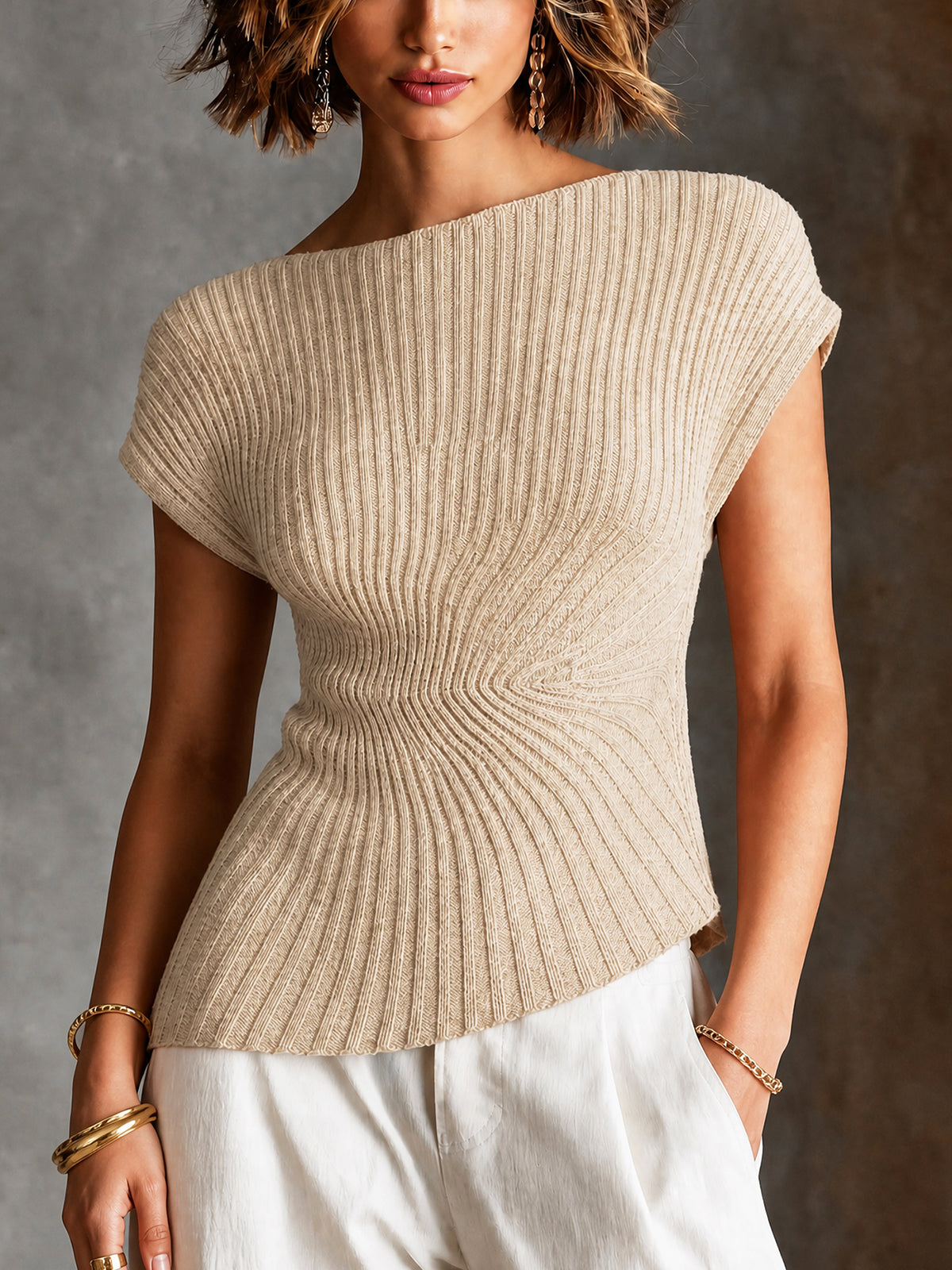 ElevenOra Minimalist Beige Boat Neck Cap Sleeve Irregular Hem Blouse Slim Fit Radial Rib Knit Sweater Top