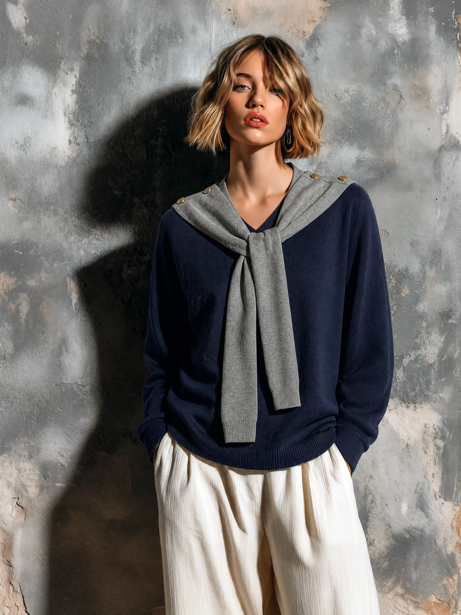 ElevenOra Chic Elegant Navy Blue Mock Two-Piece V-Neck Gray Sailor Scarf Long Sleeve Loose-Fit Knit Sweater Top