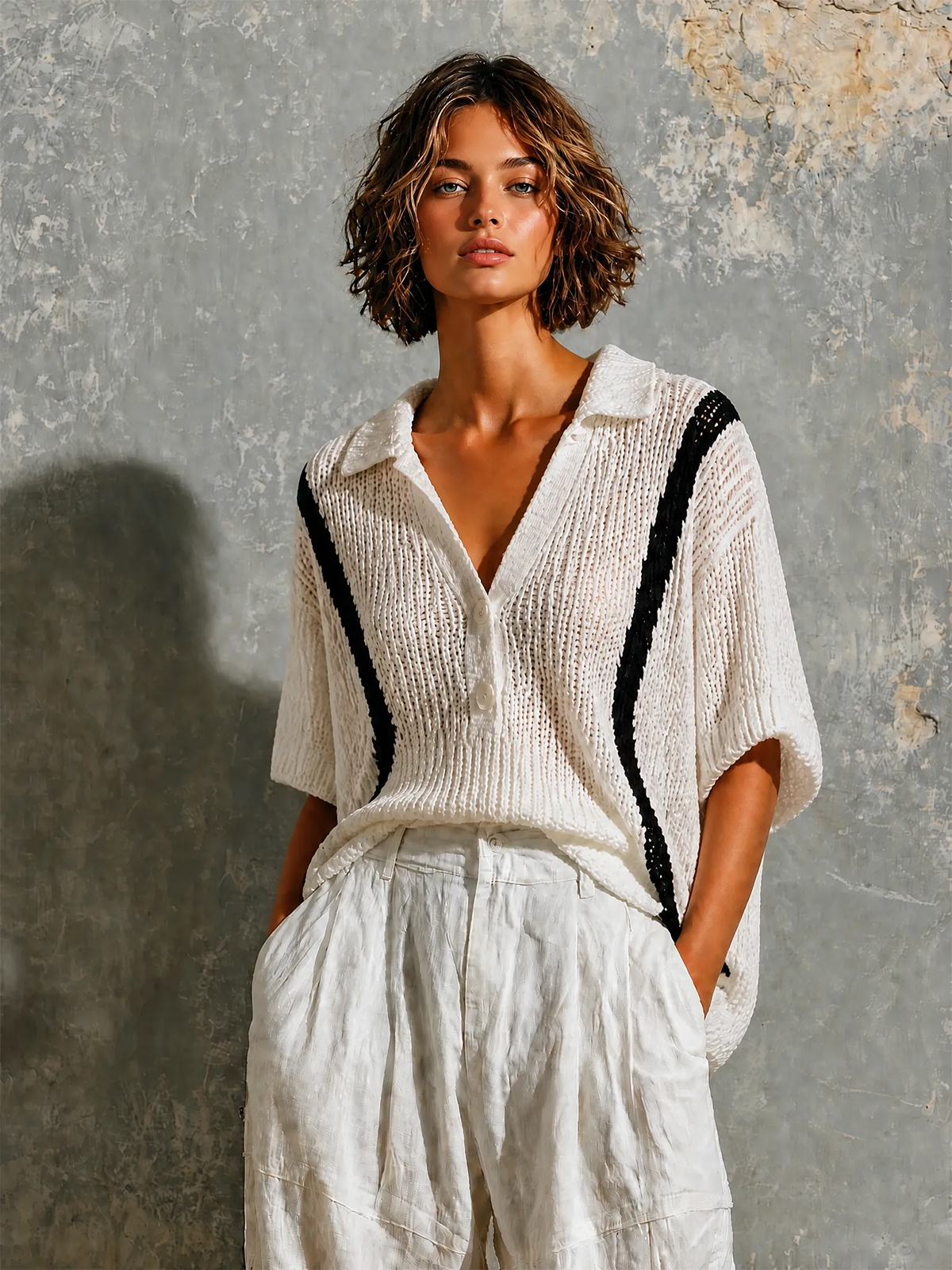 ElevenOra Chic Casual White Lapel Collar Half Button Black Contrast Trim Short Sleeve Loose-Fit Hollow Open Knit Sweater Top