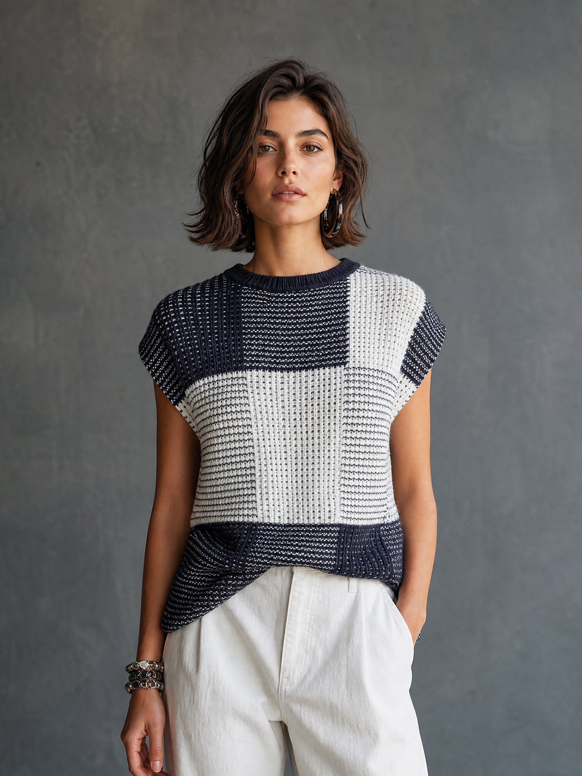 ElevenOra Chic Casual Dark Navy-White Colorblock Round Neck Plaid Jacquard Cap Sleeve Loose-Fit Knit Sweater Top