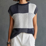 ElevenOra Chic Casual Dark Navy-White Colorblock Round Neck Plaid Jacquard Cap Sleeve Loose-Fit Knit Sweater Top