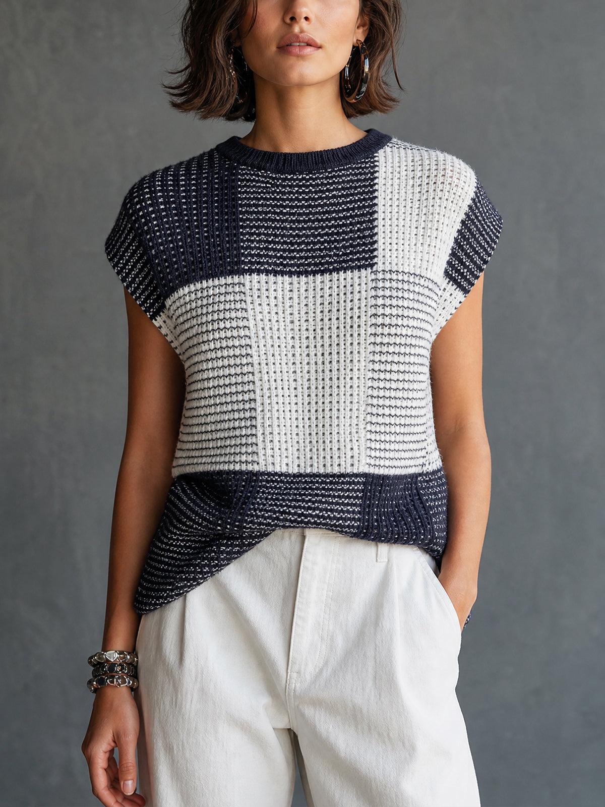ElevenOra Chic Casual Dark Navy-White Colorblock Round Neck Plaid Jacquard Cap Sleeve Loose-Fit Knit Sweater Top