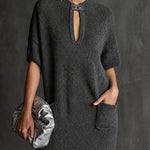 ElevenOra Chic Dark Gray-Silver Marled Turtleneck Leather Buckle Pockets Detail Half Sleeve Loose-Fit Mini Knit Dress