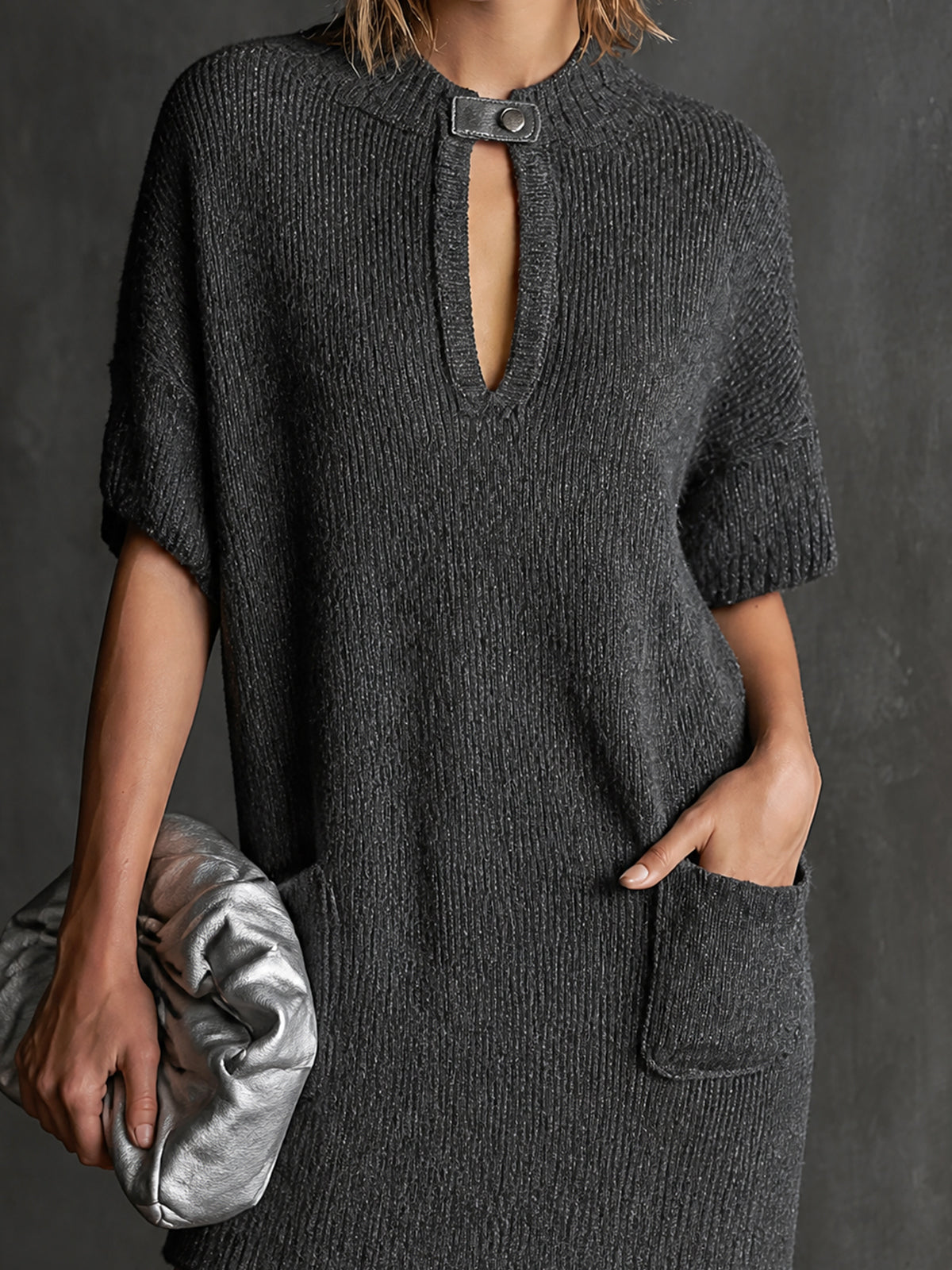 ElevenOra Chic Dark Gray-Silver Marled Turtleneck Leather Buckle Pockets Detail Half Sleeve Loose-Fit Mini Knit Dress