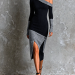 ElevenOra Chic Elegant Black Asymmetrical Off Shoulder Gingham Colorblock Long Sleeve Slim-Fit Side Slit Knit Midi Dress