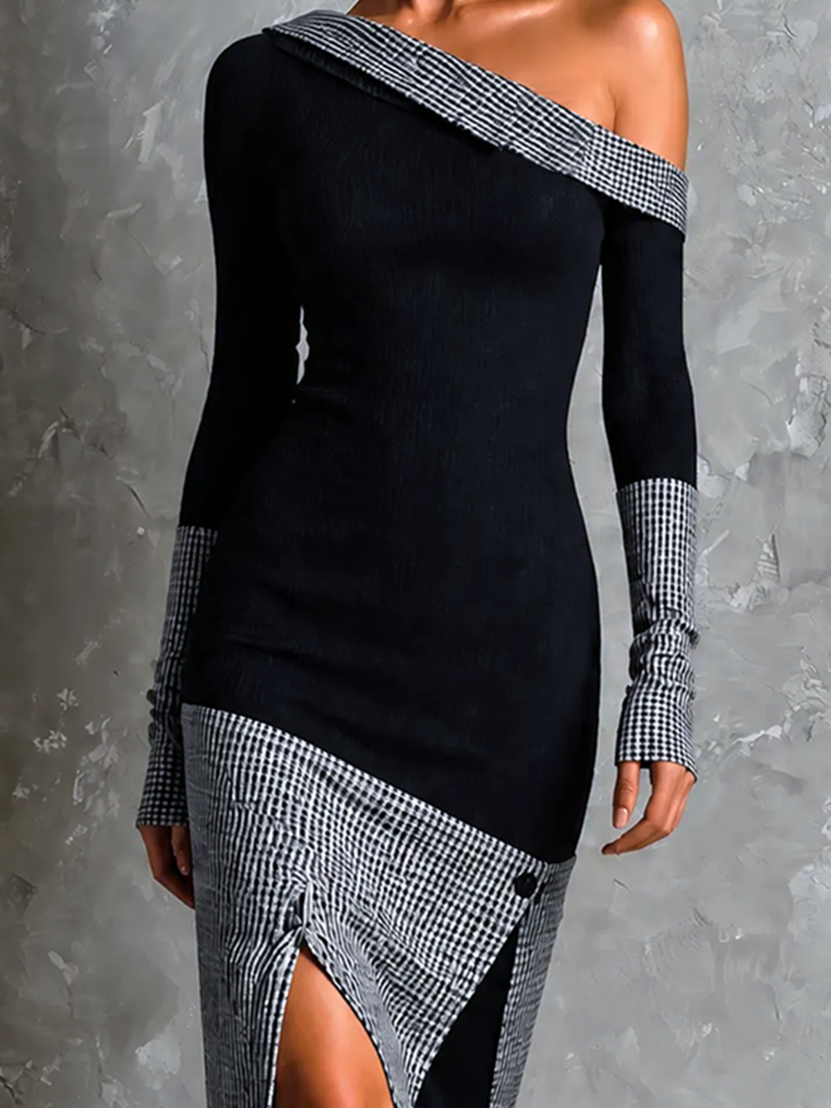 ElevenOra Chic Elegant Black Asymmetrical Off Shoulder Gingham Colorblock Long Sleeve Slim-Fit Side Slit Knit Midi Dress