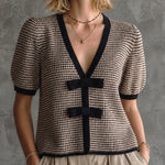 ElevenOra French Elegant Camel-Black-Cream Colorblock V-Neck Black Bow Detail Small Check Tweed Half Puff Sleeve Loose-Fit Knit Sweater Top