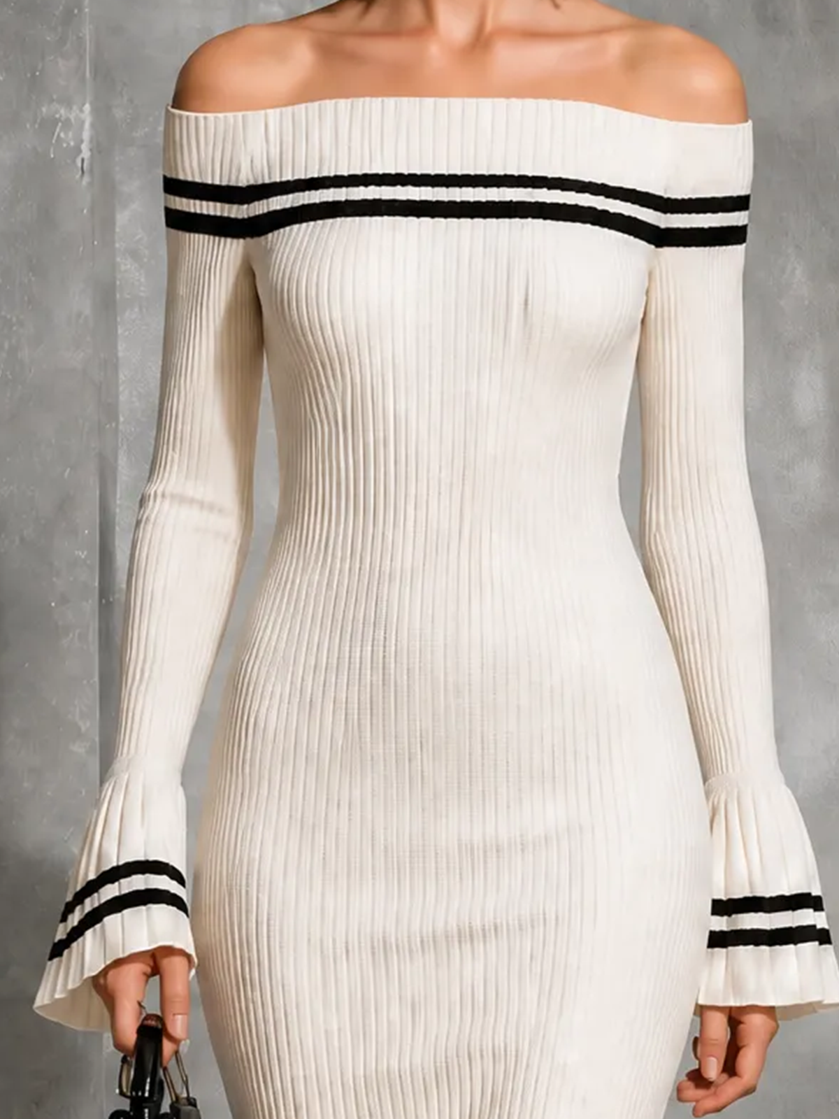 ElevenOra Chic Elegant White Off-The-Shoulder Contrast Trim Flare Long Sleeve Slim-Fit Mermaid Knit Midi Dress