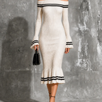 ElevenOra Chic Elegant White Off-The-Shoulder Contrast Trim Flare Long Sleeve Slim-Fit Mermaid Knit Midi Dress