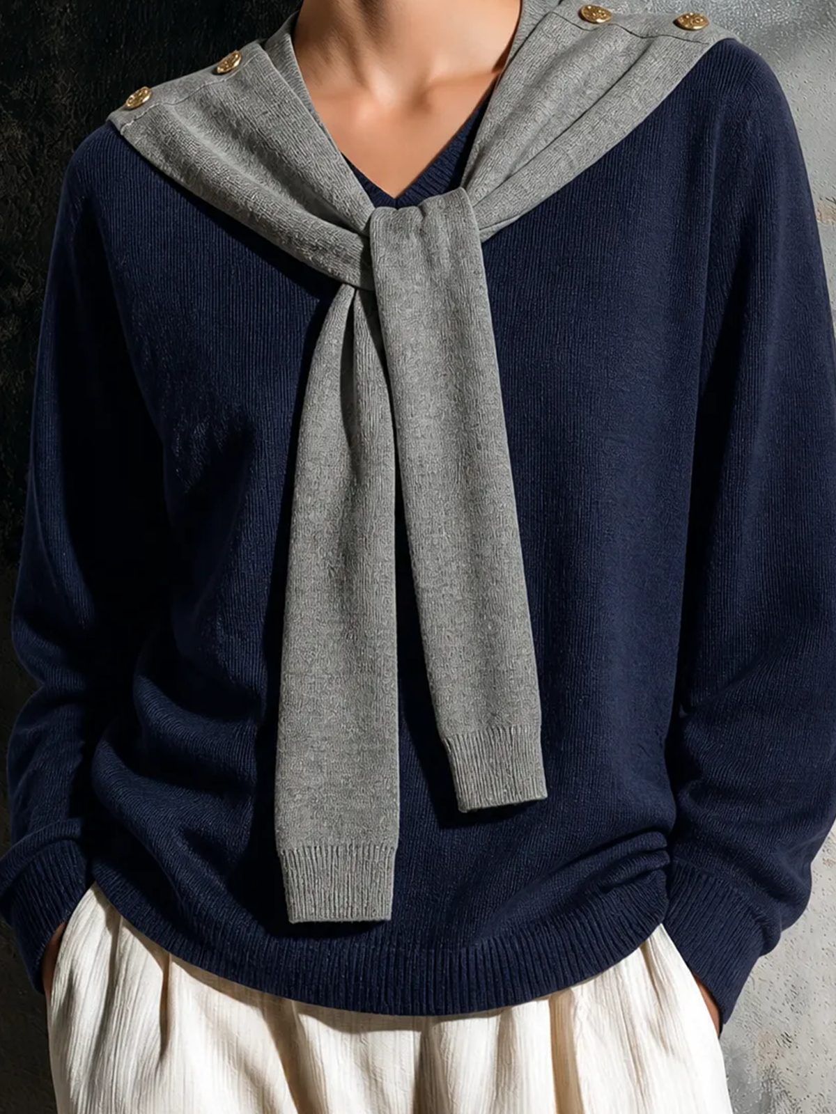 ElevenOra Chic Elegant Navy Blue Mock Two-Piece V-Neck Gray Sailor Scarf Long Sleeve Loose-Fit Knit Sweater Top