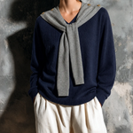ElevenOra Chic Elegant Navy Blue Mock Two-Piece V-Neck Gray Sailor Scarf Long Sleeve Loose-Fit Knit Sweater Top