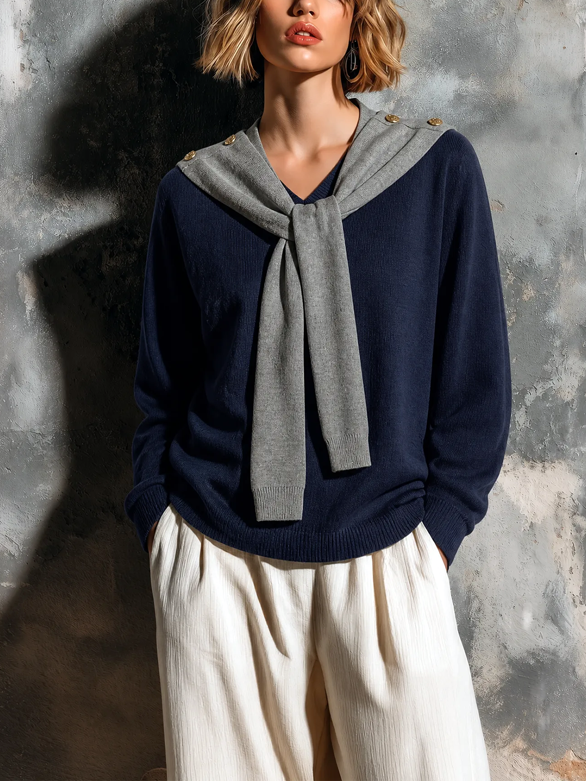 ElevenOra Chic Elegant Navy Blue Mock Two-Piece V-Neck Gray Sailor Scarf Long Sleeve Loose-Fit Knit Sweater Top