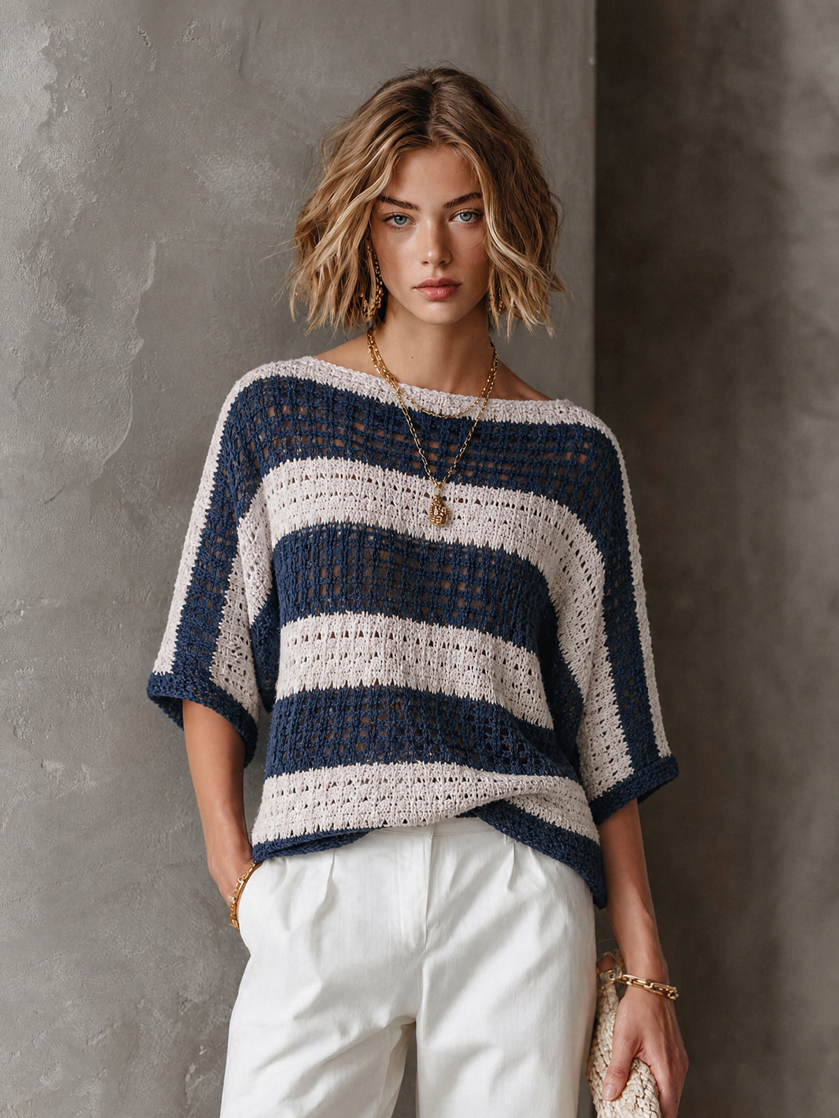 ElevenOra Chic Coastal Navy-Cream Colorblock Stripe Boat Neck Batwing Three-Quarter Sleeve Loose-Fit Hollow Knit Sweater Top