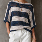 ElevenOra Chic Coastal Navy-Cream Colorblock Stripe Boat Neck Batwing Three-Quarter Sleeve Loose-Fit Hollow Knit Sweater Top
