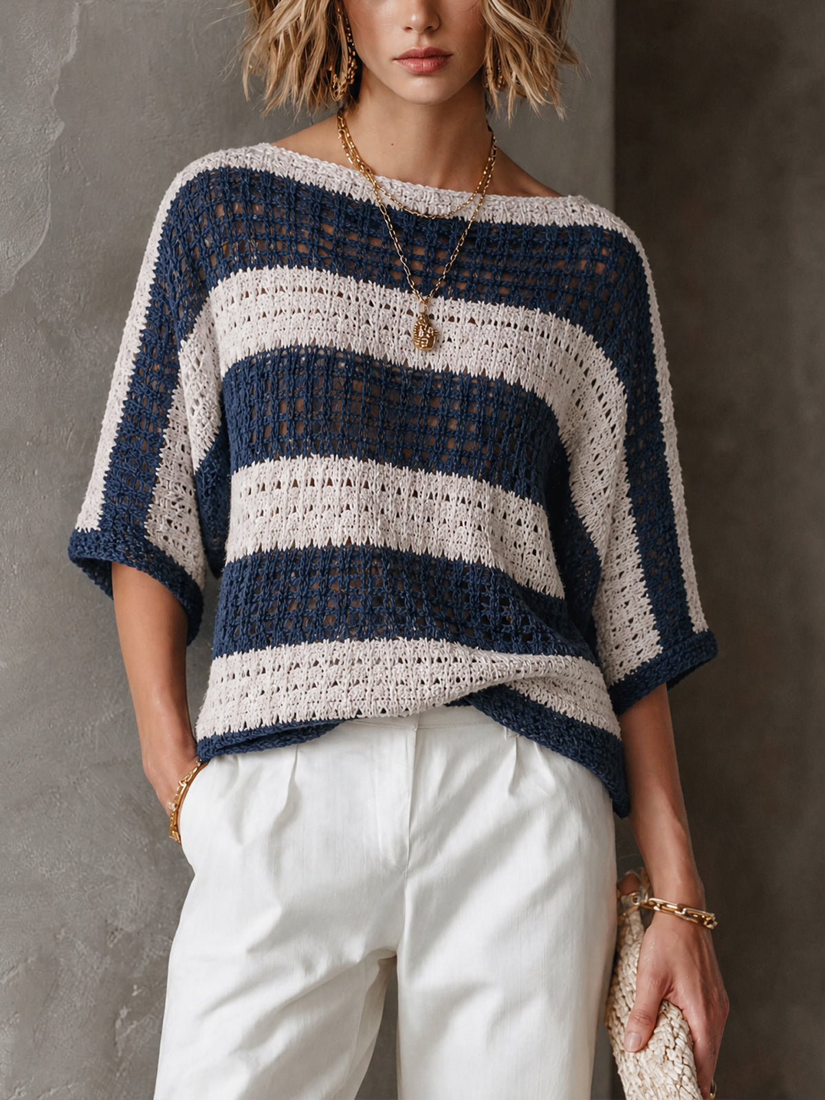 ElevenOra Chic Coastal Navy-Cream Colorblock Stripe Boat Neck Batwing Three-Quarter Sleeve Loose-Fit Hollow Knit Sweater Top