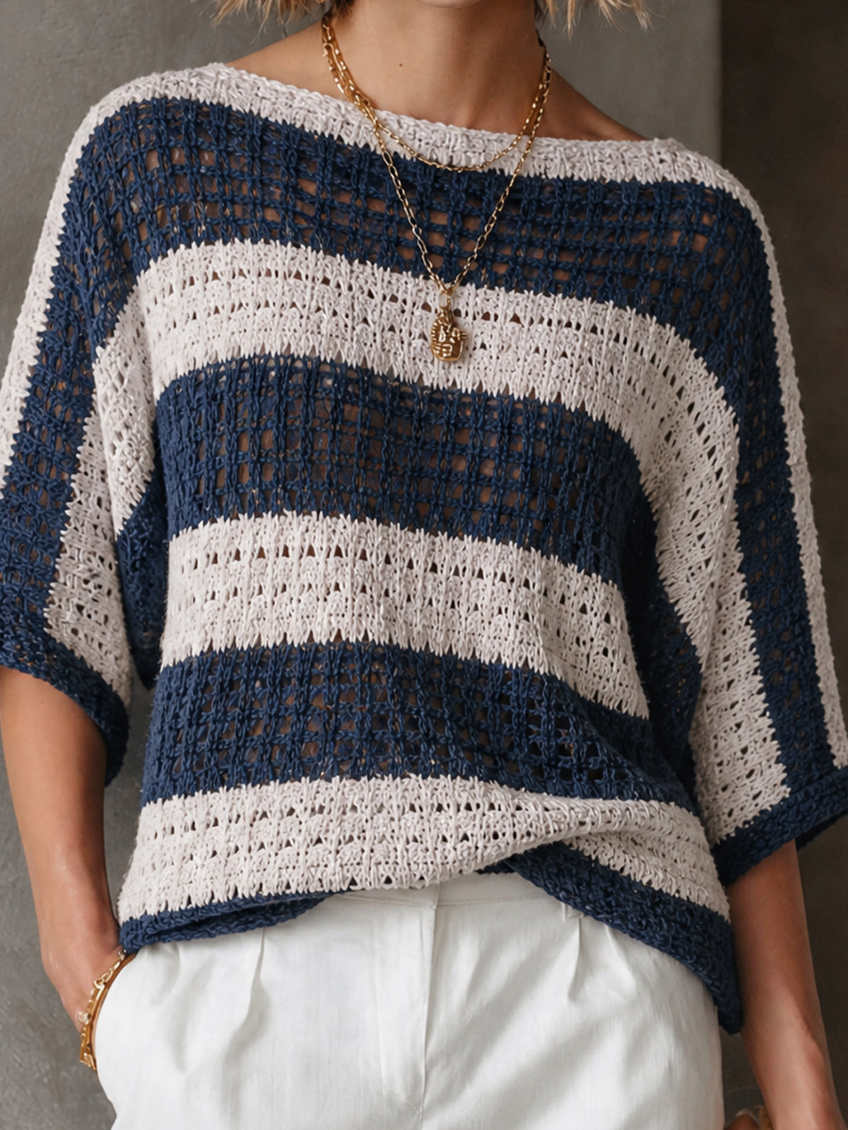 ElevenOra Chic Coastal Navy-Cream Colorblock Stripe Boat Neck Batwing Three-Quarter Sleeve Loose-Fit Hollow Knit Sweater Top