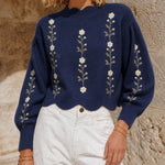 ElevenOra Chic Retro Casual Navy Round-Neck Wave Edge Detail Floral Embroidery Puff Long Sleeve Cropped Loose-Fit Knit Sweater Top