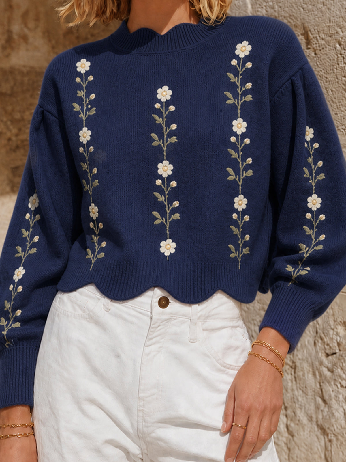ElevenOra Chic Retro Casual Navy Round-Neck Wave Edge Detail Floral Embroidery Puff Long Sleeve Cropped Loose-Fit Knit Sweater Top