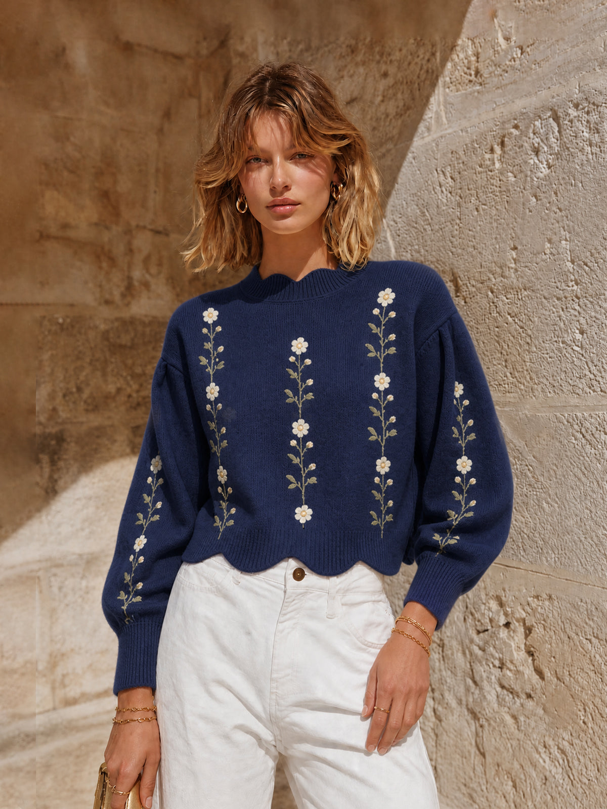 ElevenOra Chic Retro Casual Navy Round-Neck Wave Edge Detail Floral Embroidery Puff Long Sleeve Cropped Loose-Fit Knit Sweater Top
