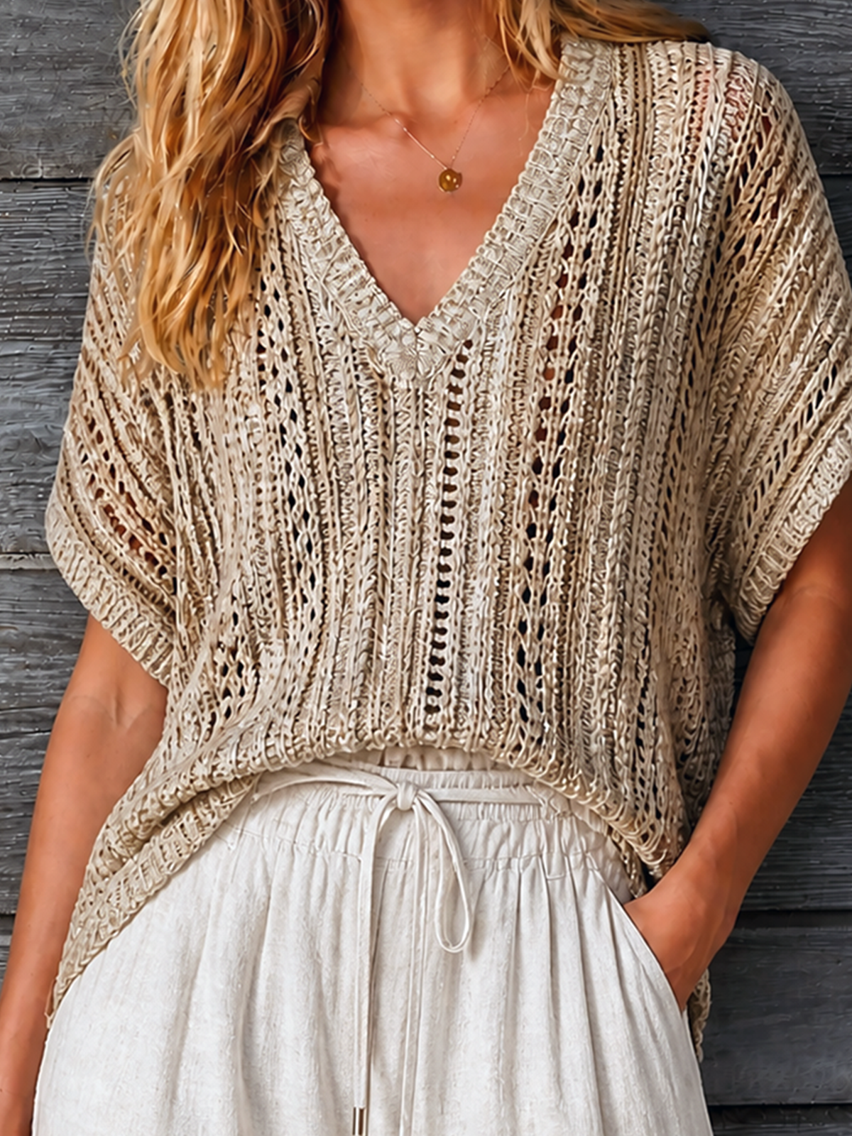 ElevenOra Chic Elegant Sand Beige V-Neck Batwing Short Sleeve Loose-Fit Hollow-Out Knit Sweater Top