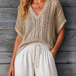 ElevenOra Chic Elegant Sand Beige V-Neck Batwing Short Sleeve Loose-Fit Hollow-Out Knit Sweater Top