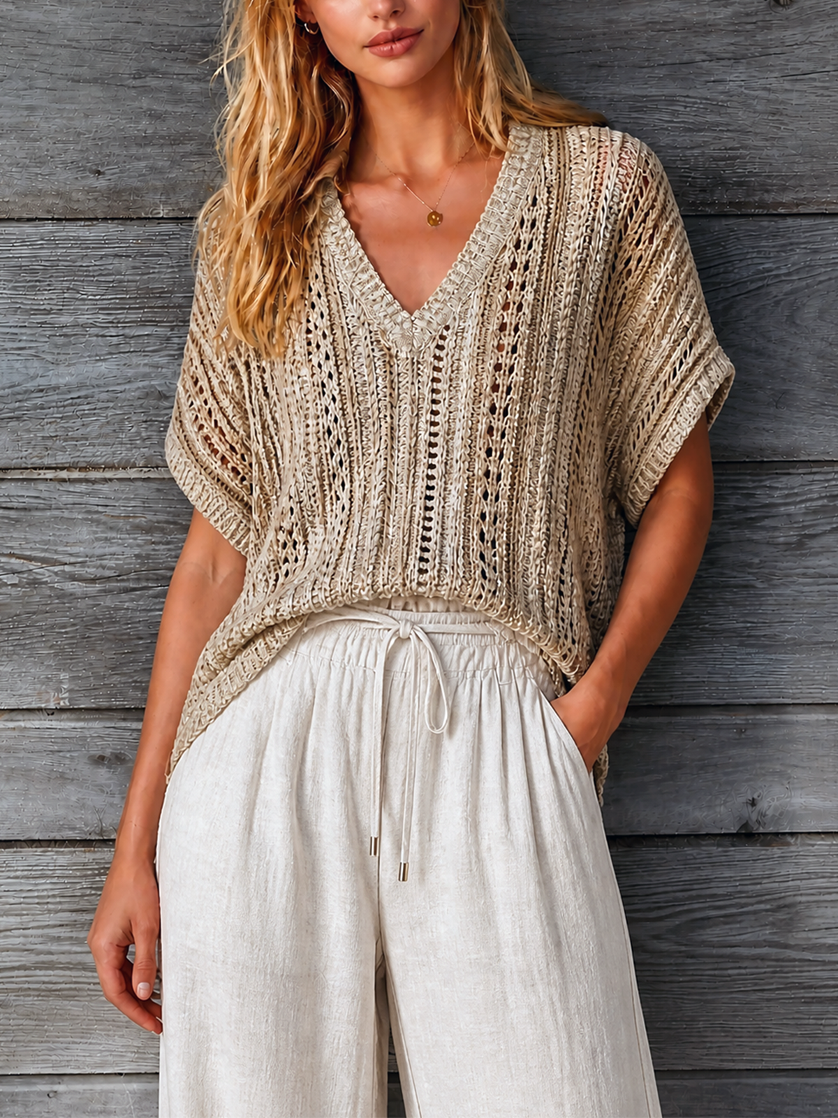 ElevenOra Chic Elegant Sand Beige V-Neck Batwing Short Sleeve Loose-Fit Hollow-Out Knit Sweater Top