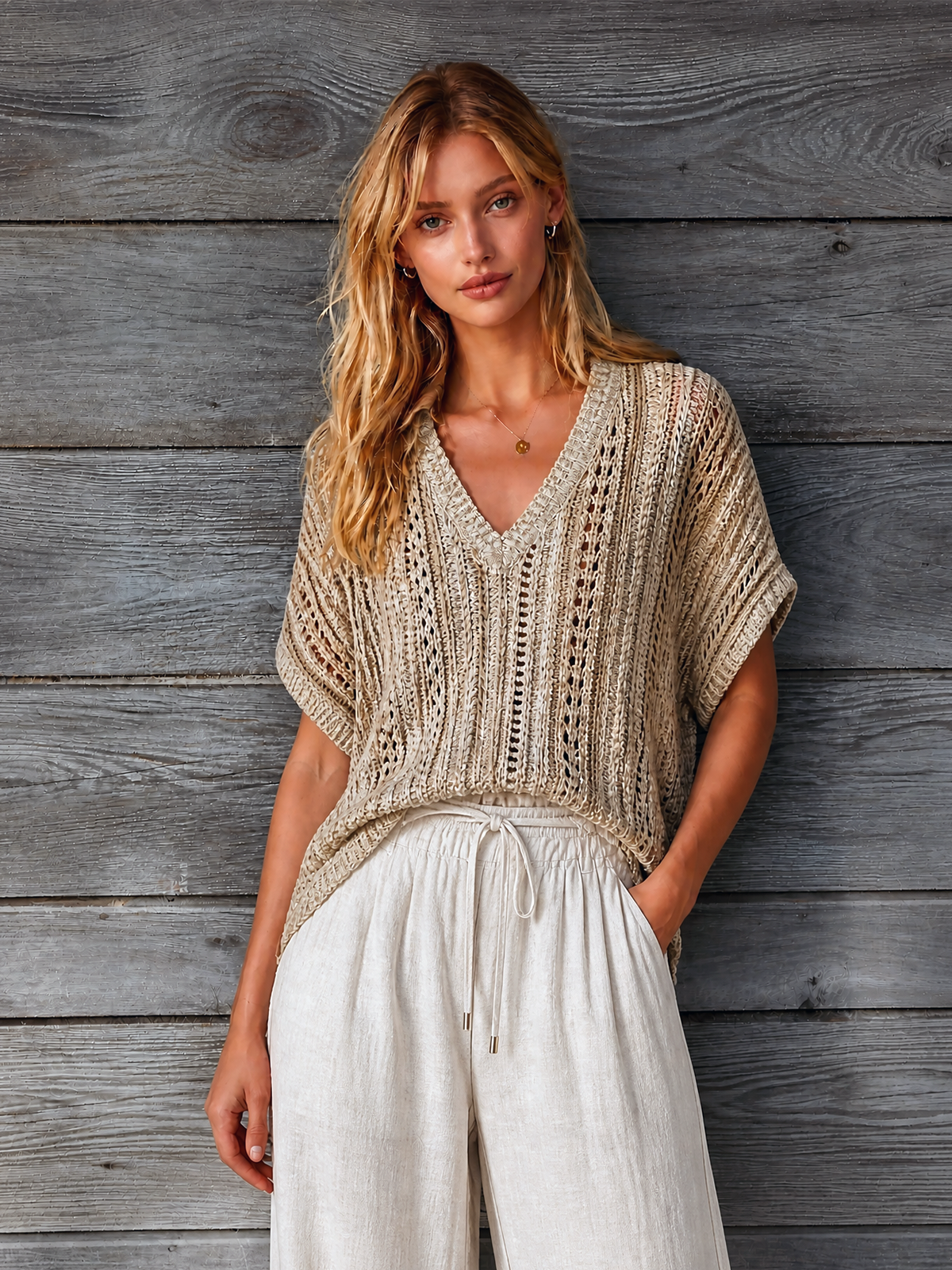 ElevenOra Chic Elegant Sand Beige V-Neck Batwing Short Sleeve Loose-Fit Hollow-Out Knit Sweater Top