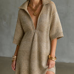ElevenOra Chic Casual Gold Lapel Collar V-Neck Three-Quarter Sleeve A-line Loose-Fit Knit Mini Dress