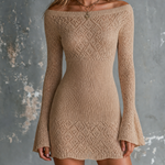 ElevenOra Chic Elegant Beige Off Shoulder Diamond Hollow Flare Long Sleeve Slim-Fit Knit Mini Dress