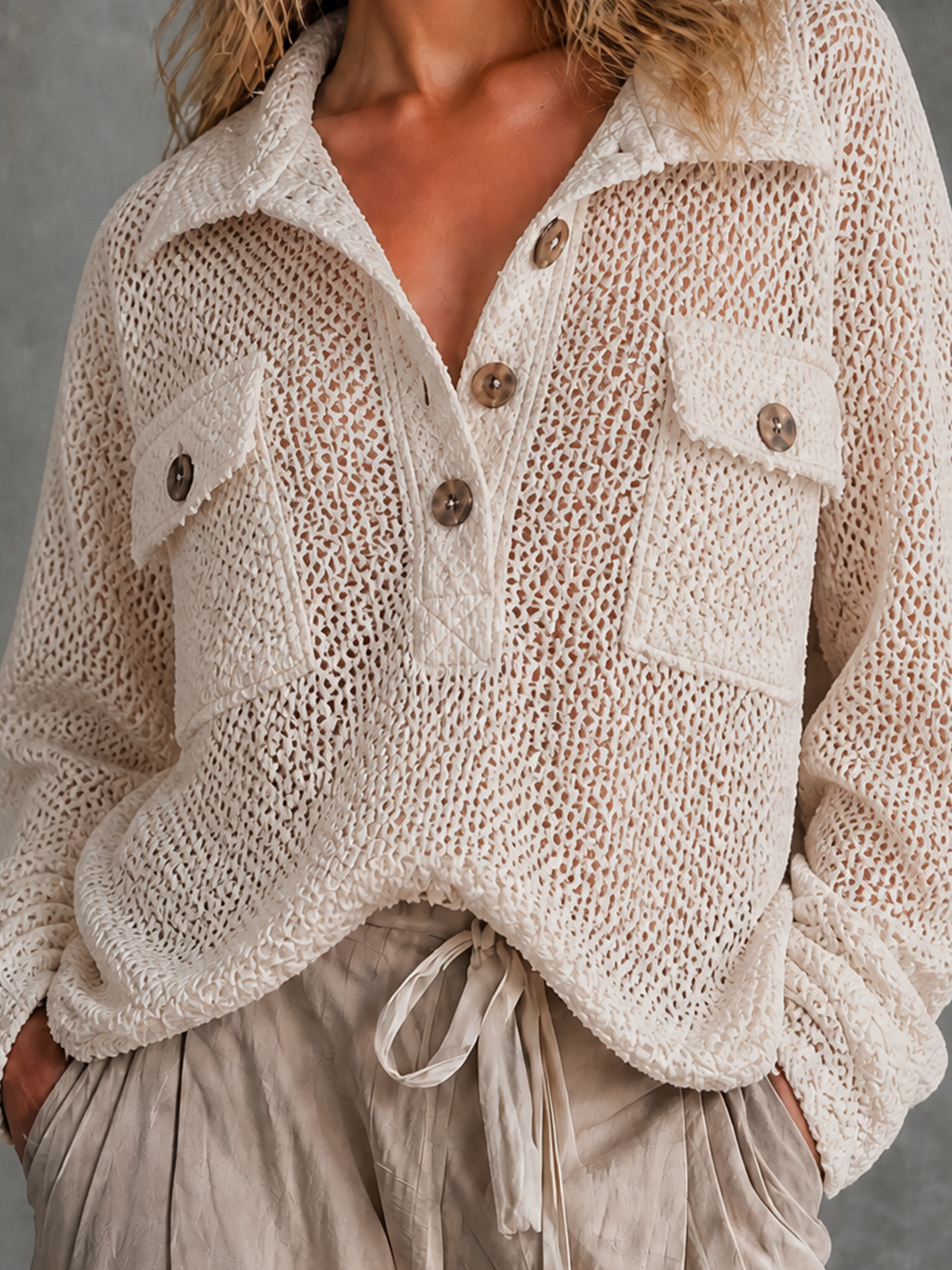 ElevenOra Chic Casual Off-White Lapel Collar Half Button Chest Pockets Long Sleeve Loose-Fit Mesh Open Knit Sweater Top