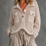 ElevenOra Chic Casual Off-White Lapel Collar Half Button Chest Pockets Long Sleeve Loose-Fit Mesh Open Knit Sweater Top