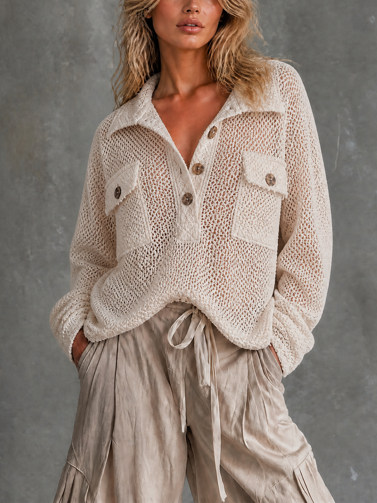 ElevenOra Chic Casual Off-White Lapel Collar Half Button Chest Pockets Long Sleeve Loose-Fit Mesh Open Knit Sweater Top
