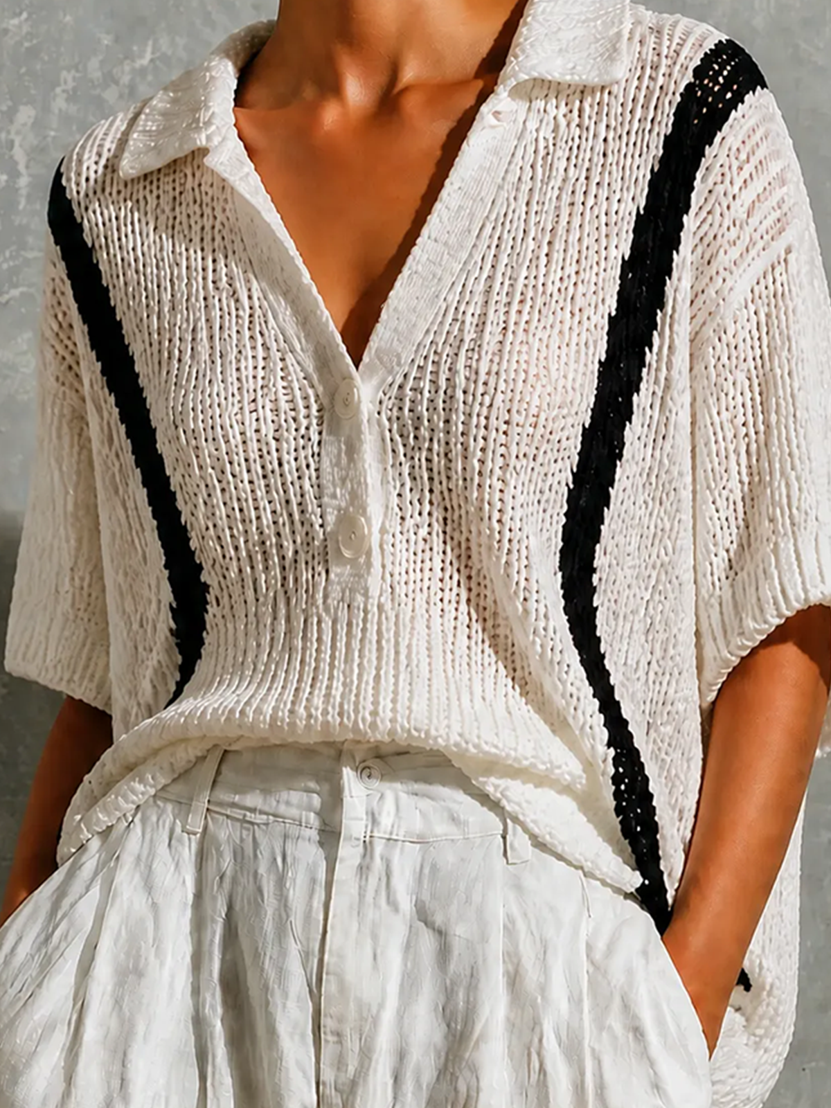 ElevenOra Chic Casual White Lapel Collar Half Button Black Contrast Trim Short Sleeve Loose-Fit Hollow Open Knit Sweater Top