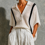 ElevenOra Chic Casual White Lapel Collar Half Button Black Contrast Trim Short Sleeve Loose-Fit Hollow Open Knit Sweater Top