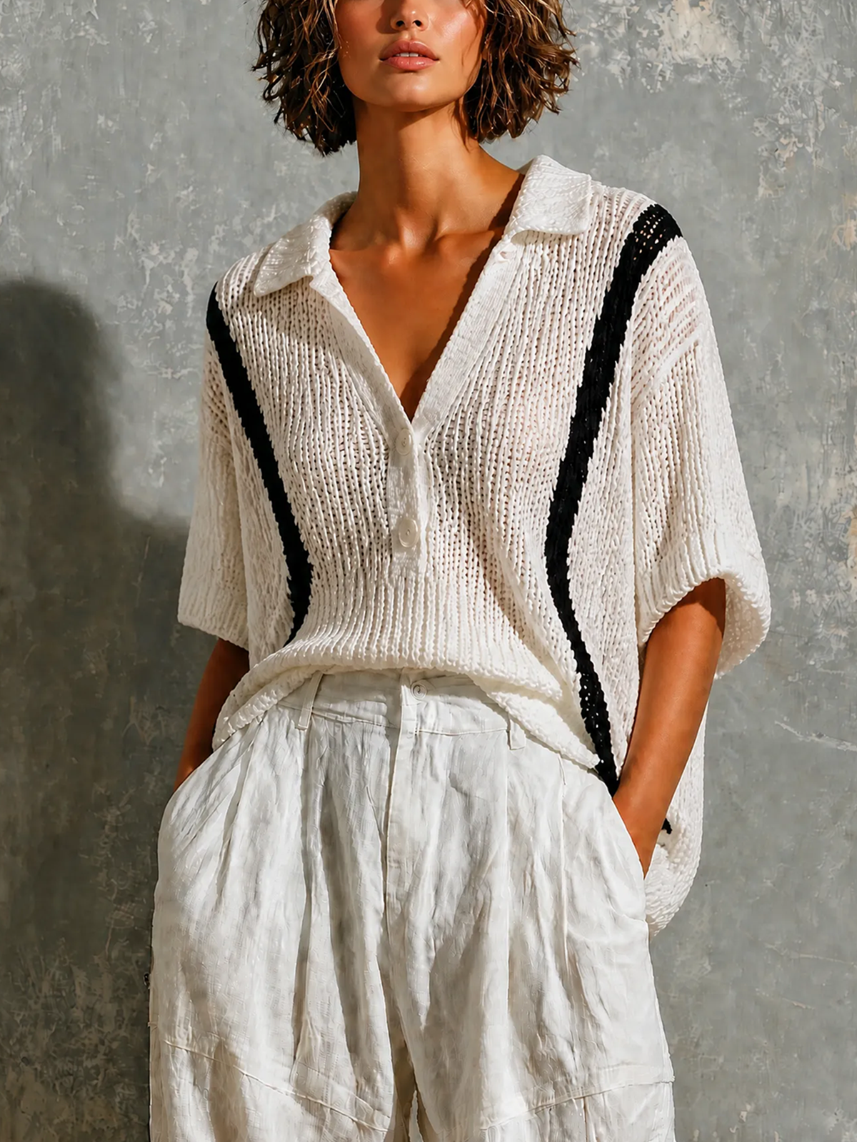 ElevenOra Chic Casual White Lapel Collar Half Button Black Contrast Trim Short Sleeve Loose-Fit Hollow Open Knit Sweater Top