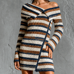 ElevenOra Chic Elegant Brown-White-Navy Blue Stripe Off The Shoulder Folded Lapel Long Sleeve Slim-Fit Knit Mini Dress