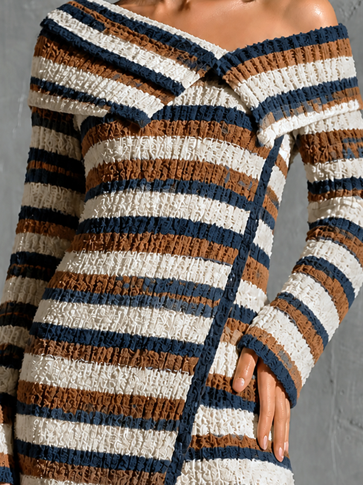 ElevenOra Chic Elegant Brown-White-Navy Blue Stripe Off The Shoulder Folded Lapel Long Sleeve Slim-Fit Knit Mini Dress