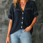 ElevenOra Chic Elegant Navy Blue V-Neck Contrast Trim Single-Breasted Short Sleeve Loose-Fit Knit Cardigan Top