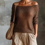 ElevenOra Chic Elegant Brown Off Shoulder Long Sleeve Loose-Fit Mesh Knit Sweater Top