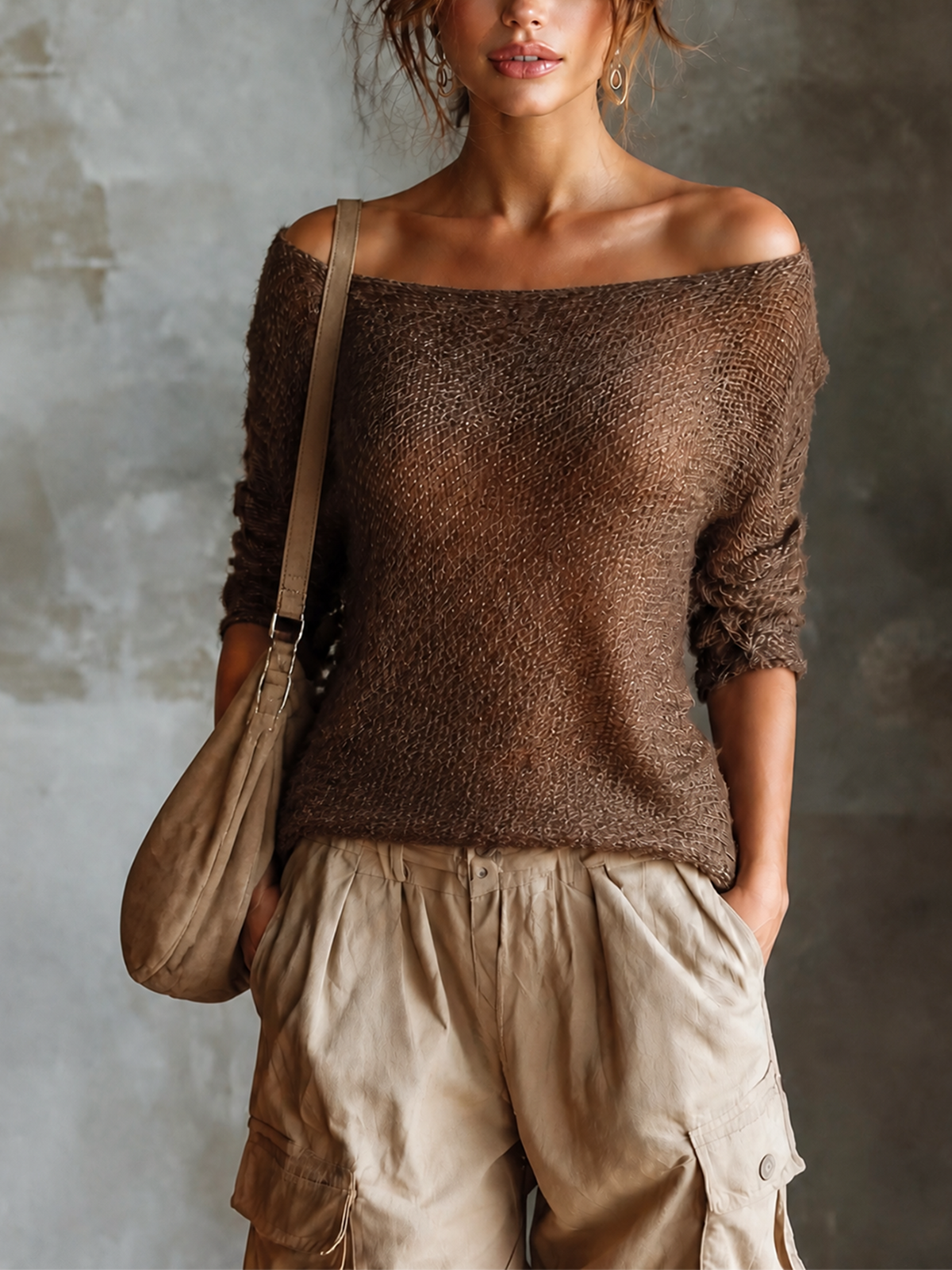ElevenOra Chic Elegant Brown Off Shoulder Long Sleeve Loose-Fit Mesh Knit Sweater Top