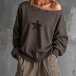 ElevenOra Chic Casual Charcoal Grey Off Shoulder Buttons Trim Star Embroidery Long Sleeve Loose-Fit French Terry Sweatshirt