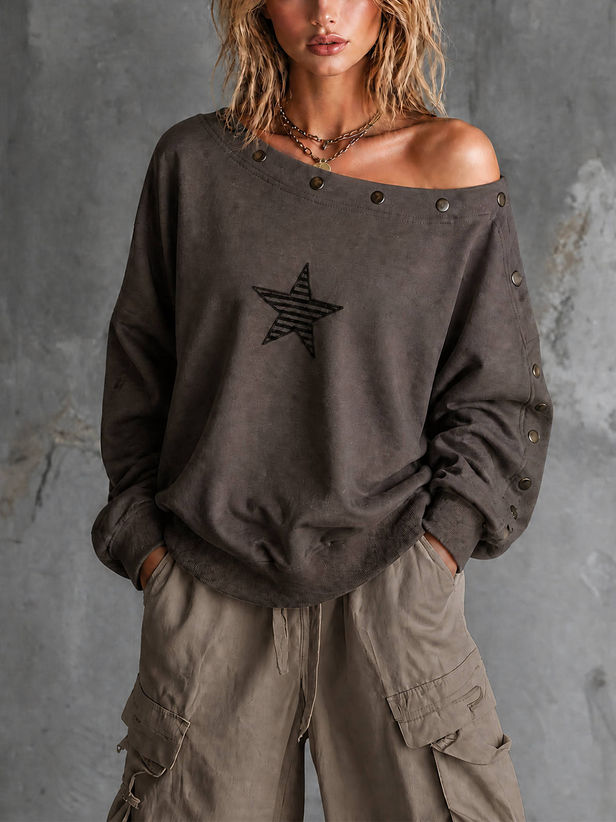ElevenOra Chic Casual Charcoal Grey Off Shoulder Buttons Trim Star Embroidery Long Sleeve Loose-Fit French Terry Sweatshirt