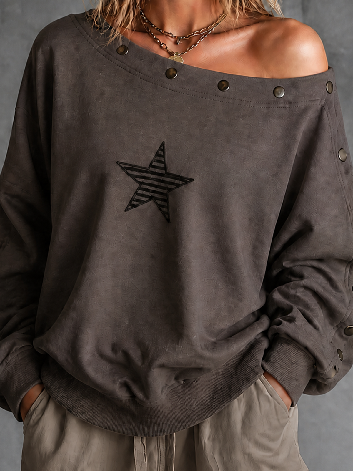 ElevenOra Chic Casual Charcoal Grey Off Shoulder Buttons Trim Star Embroidery Long Sleeve Loose-Fit French Terry Sweatshirt