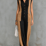 ElevenOra Chic Elegant Black-Camel Colorblock Lapel Collar Button-Front Patch Pockets Sleeveless Loose-Fit Knit Jumpsuit