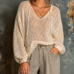 ElevenOra Chic Elegant Off White V-Neck Drawstring Hooded Long Sleeve Loose-Fit Hollow-Out Knit Sweater Top