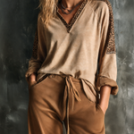 ElevenOra Chic Elegant Light Khaki Leopard Contrast Raglan V Neck Long Sleeve Loose-Fit Soft Jersey Fabric Shirt Top