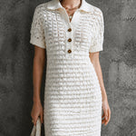ElevenOra Chic White Lapel Collar Button Detail A-Line Short Sleeve Slim-Fit Hollow Knit Mini Dress