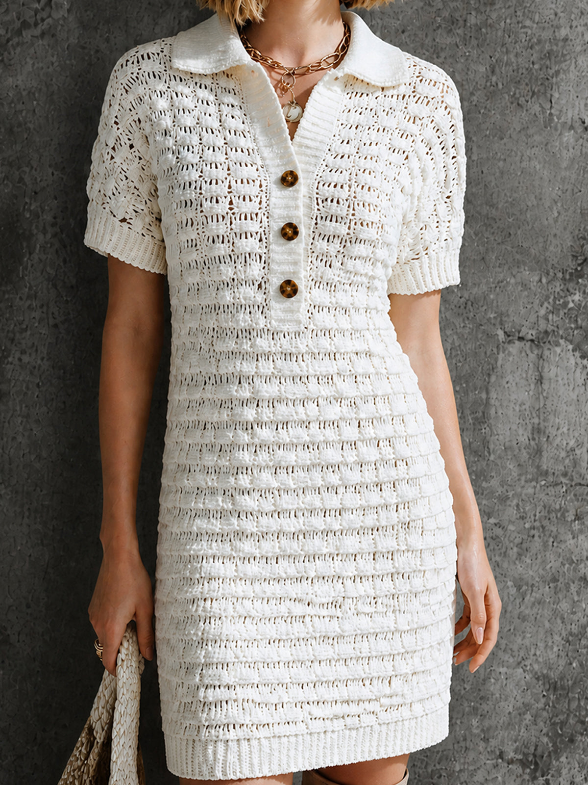 ElevenOra Chic White Lapel Collar Button Detail A-Line Short Sleeve Slim-Fit Hollow Knit Mini Dress