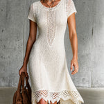 ElevenOra Chic Cream Round Neck Lace Trim Short Sleeve A-Line Skrit Slim-Fit Hollow Knit Midi Dress