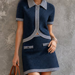 ElevenOra Chic Preppy Navy-White Colorblock Stripes Polo Neck Short Sleeve Curved Hem Sweater A-line Skirt Button Detail Regular-Fit Knit Two-Piece Set